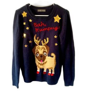 Bah Humpug Cute Ugly Christmas Sweater Pug Dog Pullover Holiday Knit Sequins